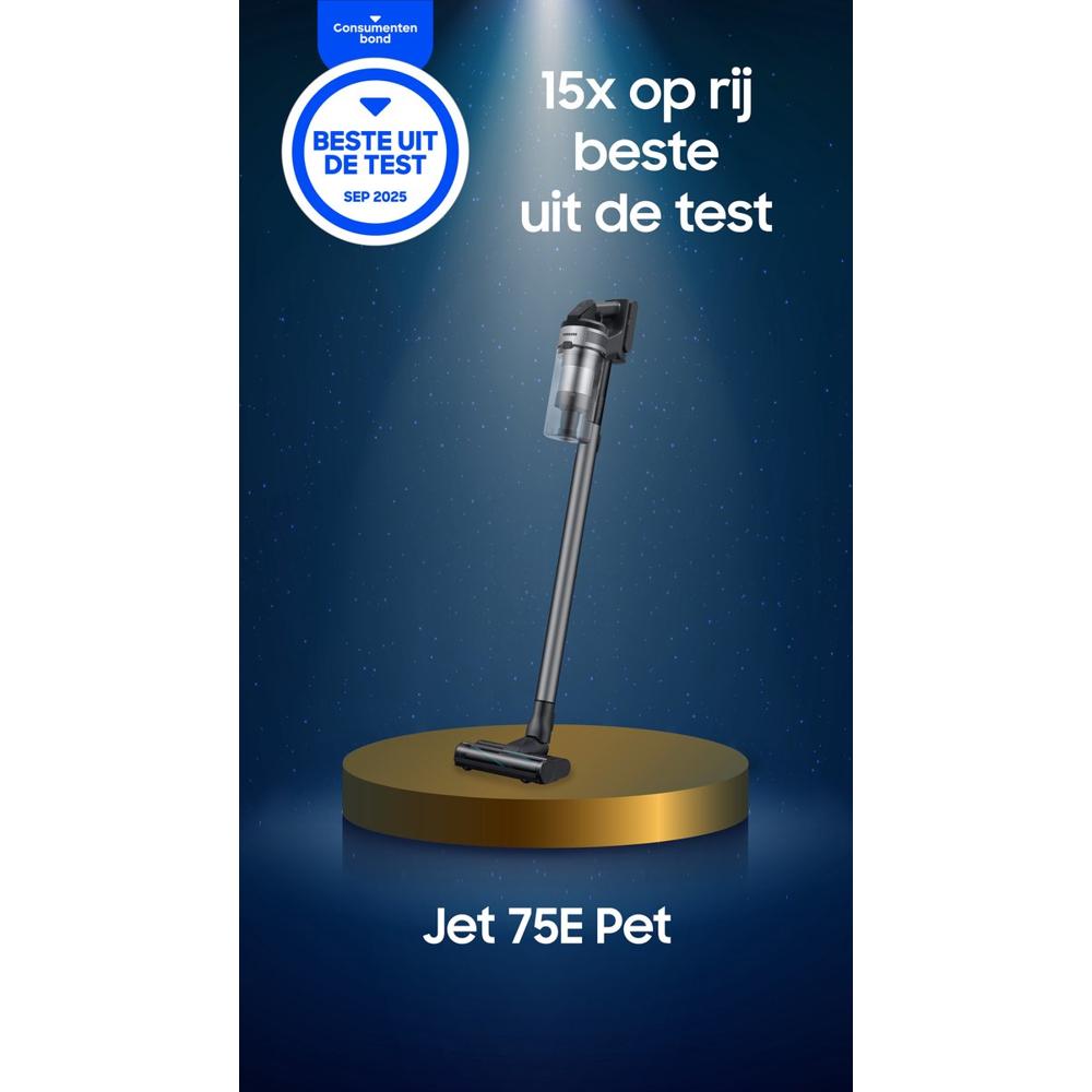 Draadloze stofzuiger Jet 75E Pet staat op een gouden plateau, omringd door een sterrenhemel. De afbeelding vermeldt dat het apparaat 15 keer achtereenvolgend als beste uit de test is beoordeeld, met een label van de Consumentenbond.