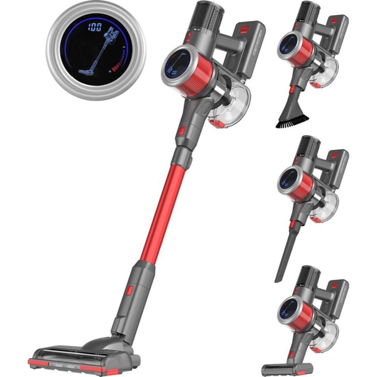 Draadloze stofzuiger met een slim display die de batterijstatus aangeeft, en accessoires voor verschillende schoonmaakbehoeften. De stofzuiger heeft een modern design met een combinatie van grijs en rood en is geschikt voor veelzijdig gebruik in huis.