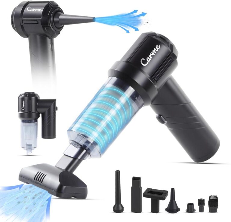 Draagbare stofzuiger met verschillende opzetstukken voor veelzijdig gebruik. De afbeelding toont de stofzuiger uit verschillende hoeken, met een focus op de krachtige zuigmond en de bijbehorende accessoires.