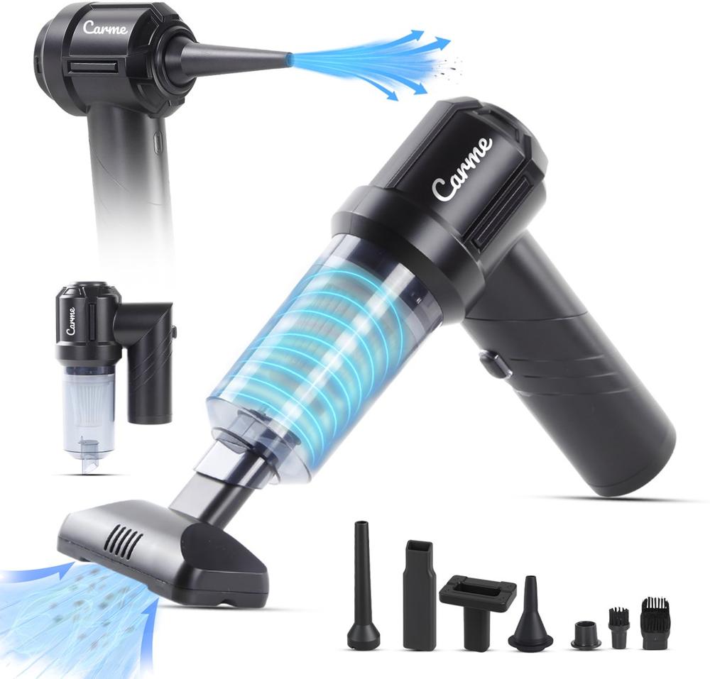 Draagbare stofzuiger met verschillende opzetstukken voor veelzijdig gebruik. De afbeelding toont de stofzuiger uit verschillende hoeken, met een focus op de krachtige zuigmond en de bijbehorende accessoires.