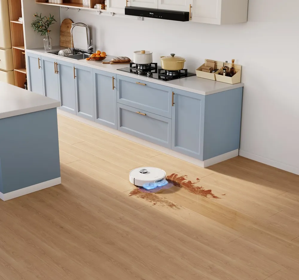 Dreame L10 Prime Robotstofzuiger Dweilfunctie Houten Vloer Moderne Keuken Vlekken
