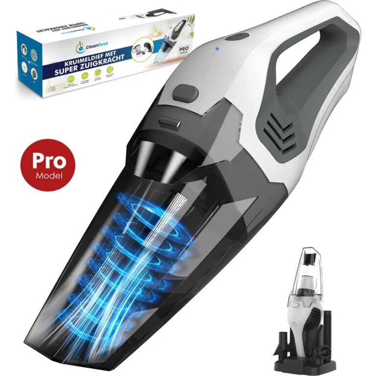 Een handstofzuiger met een slank ontwerp en krachtige zuigkracht, gepresenteerd met een visuele indicatie van luchtstromen. Op de achtergrond staat een verpakking met informatie over het product, gemarkeerd als 'Pro Model'.