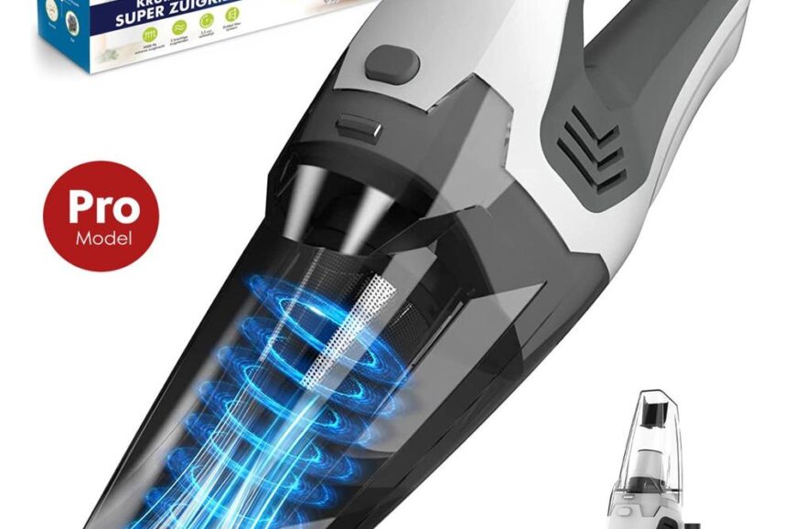 Een handstofzuiger met een slank ontwerp en krachtige zuigkracht, gepresenteerd met een visuele indicatie van luchtstromen. Op de achtergrond staat een verpakking met informatie over het product, gemarkeerd als 'Pro Model'.