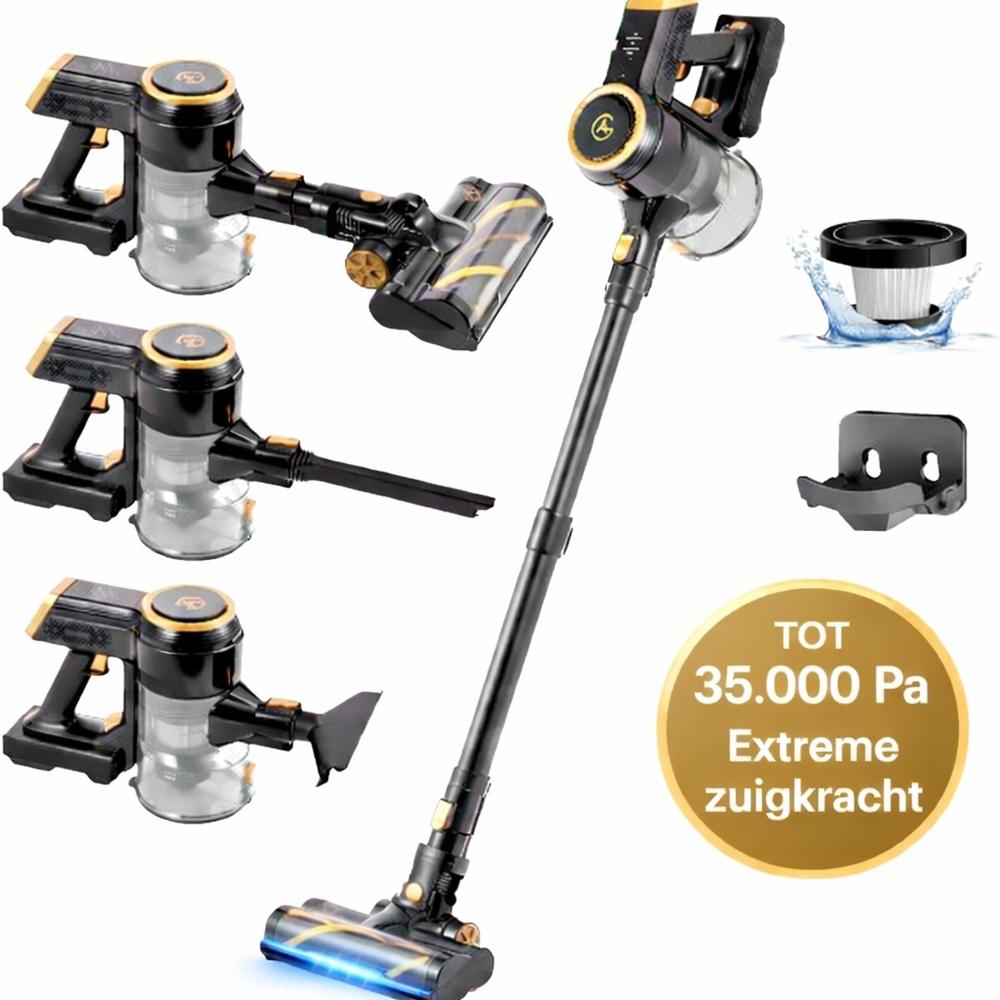 Afbeelding van een krachtige stofzuiger met meerdere opzetstukken, waaronder een handheld en een slang. De stofzuiger heeft een gouden logo en een label dat wijst op een zuigkracht van tot 35.000 Pa.