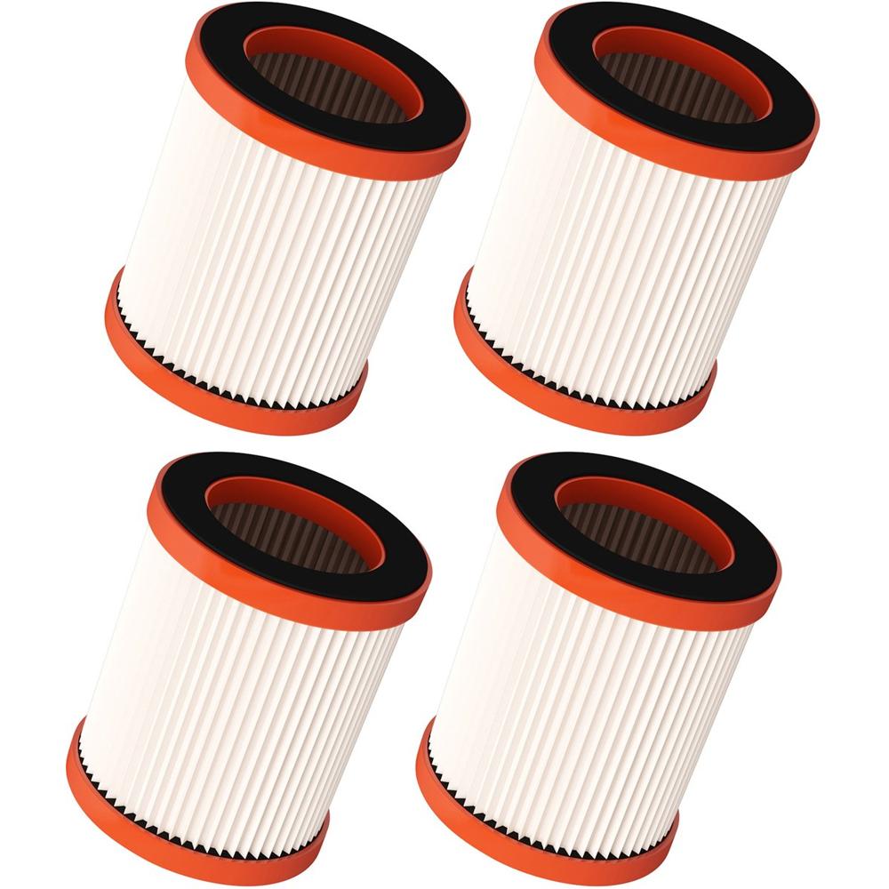 Set van vier luchtfilters met witte filterelementen en een oranje rand. De filters zijn ontworpen voor gebruik in verschillende apparatuur en zorgen voor een efficiënte luchtstroom en filtratie.
