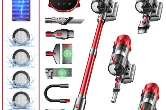 Afbeelding van een moderne draadloze stofzuiger in rode en zilveren kleur, met verschillende opzetstukken en een batterij-indicator. De stofzuiger ligt op een witte achtergrond, met daarnaast iconen van de accessoires en een batterijweergave.