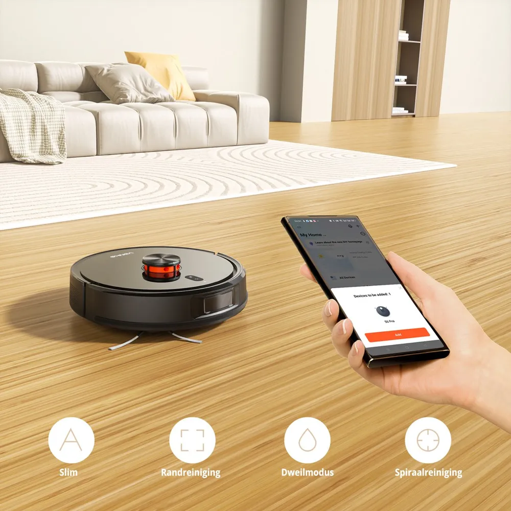 Vonko S6 Pro Robotstofzuiger Laadstation Smartphonebediening Houten Vloer Bij Bank