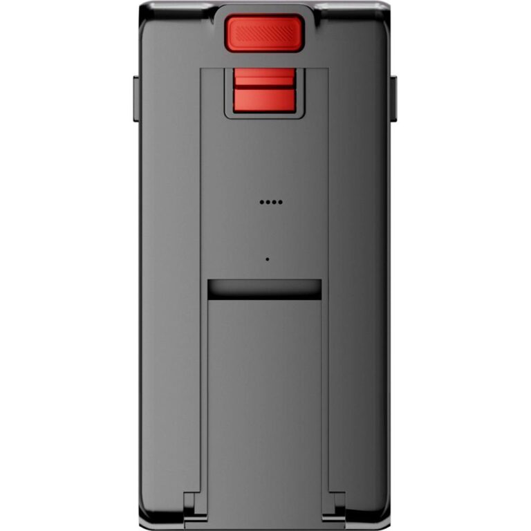 Afbeelding van een zwarte batterij met een rode ontgrendelknop en indicatorlampjes. De batterij is ontworpen voor gebruik in elektrische gereedschappen en biedt een stevige en betrouwbare stroomvoorziening.