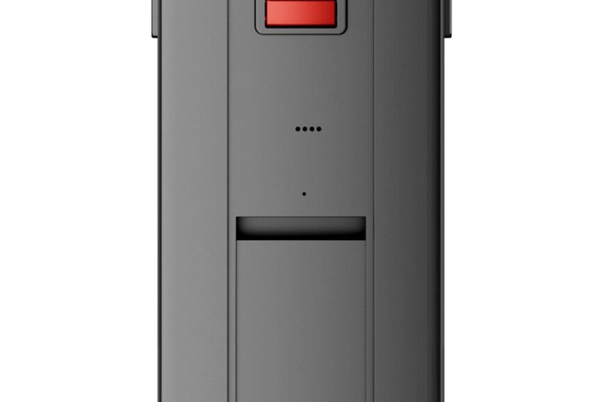 Afbeelding van een zwarte batterijhouder met een opvallende rode vergrendelknop aan de bovenkant. De batterijhouder is ontworpen voor het veilig opslaan en vervoeren van batterijen, met indicatielampjes voor actievermogen.