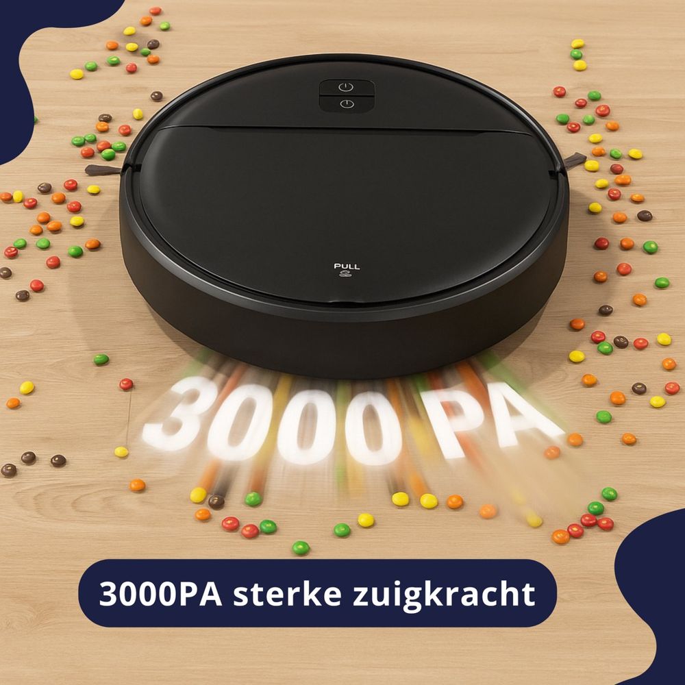 Zwarte robotstofzuiger op een houten vloer met kleurrijke snoepjes eromheen, waarop de tekst "3000 PA sterke zuigkracht" geprojecteerd is. De afbeelding toont de krachtige zuigkracht van het apparaat in actie bij het reinigen van rommel.